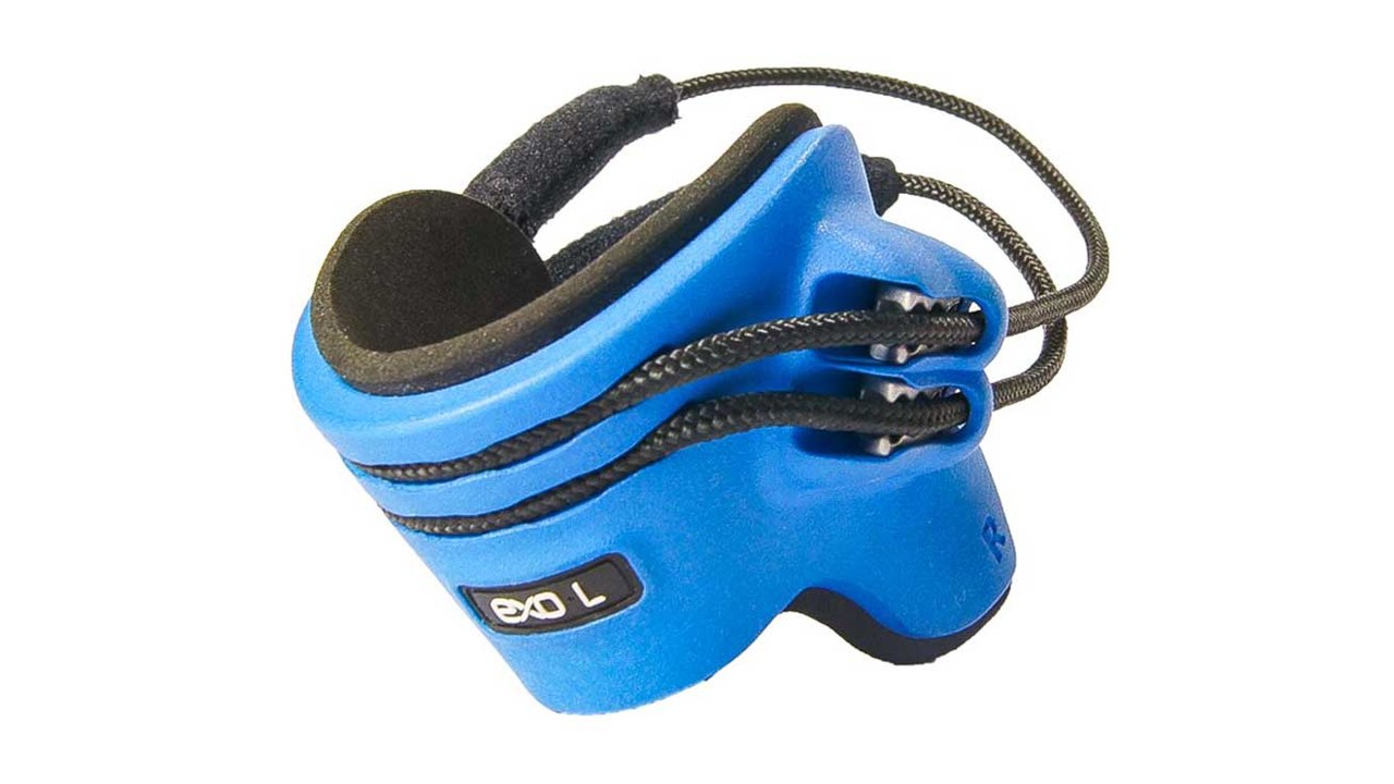 A blue EXO-L ankle brace with its laces