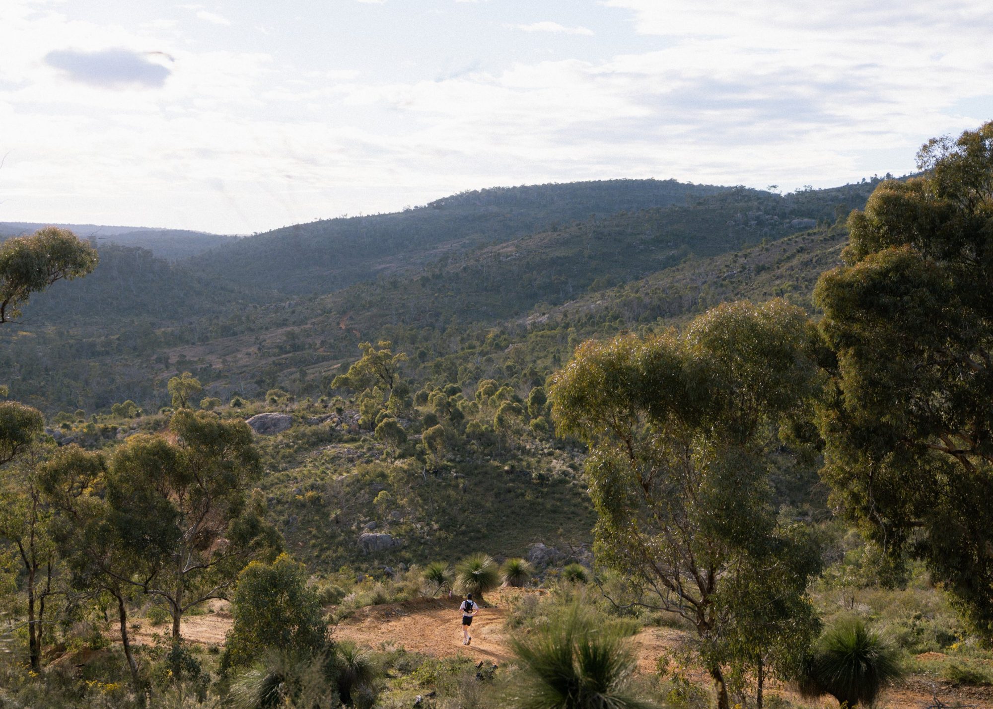 A trail runner on a red dirt track through bushland in the Perth hills